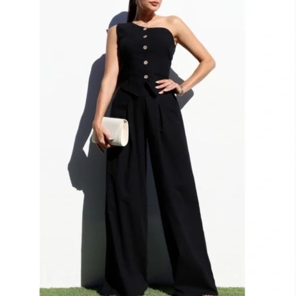 100% Cotton Black One Shoulder 2-Piece Pant Suite Size Large, NWT - Picture 2 of 4